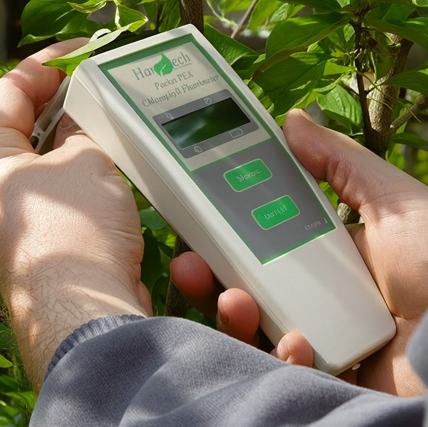 Zwei Hände halten ein Pocket-PEA-Chlorophyllfluorimeter vor grünem Laub